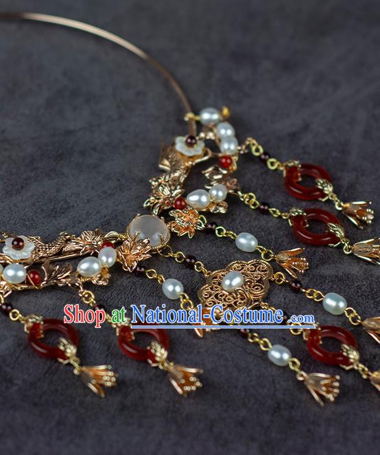 China Classical Wedding Necklace Accessories Traditional Ming Dynasty Princess Red Agate Tassel Necklet