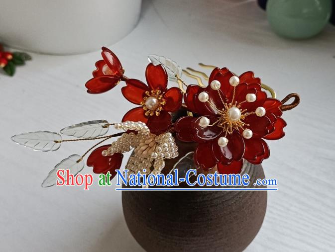 Chinese Ancient Palace Lady Hair Comb Hanfu Hair Accessories Traditional Ming Dynasty Red Peony Hair Stick