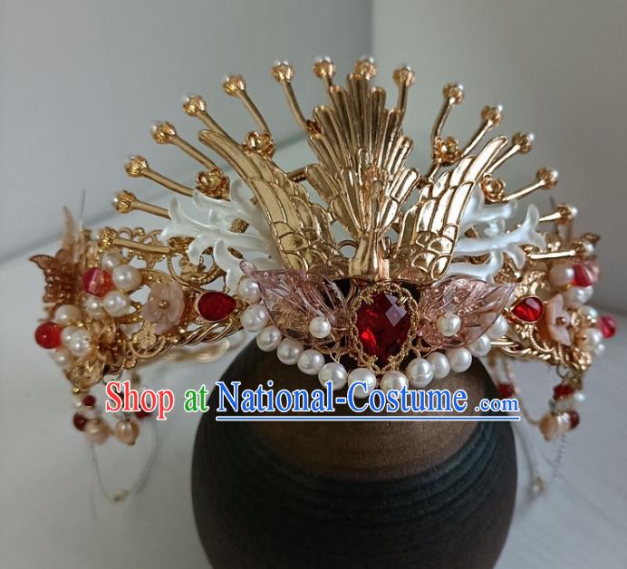 Chinese Ancient Bride Shell Hairpin Hanfu Hair Accessories Traditional Ming Dynasty Golden Phoenix Hair Crown