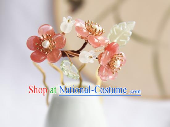 Chinese Ancient Young Beauty Hairpin Traditional Ming Dynasty Pink Plum Blossom Hair Stick