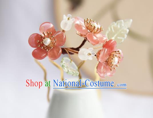 Chinese Ancient Young Beauty Hairpin Traditional Ming Dynasty Pink Plum Blossom Hair Stick