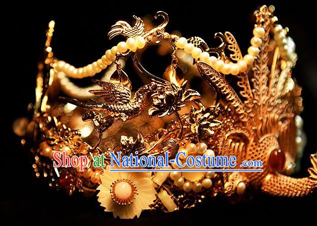 Chinese Ancient Empress Tassel Phoenix Coronet Traditional Ming Dynasty Queen Golden Phoenix Hair Crown