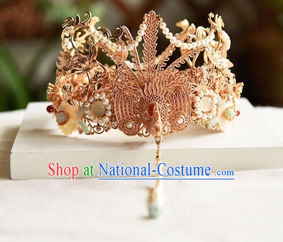 Chinese Ancient Empress Tassel Phoenix Coronet Traditional Ming Dynasty Queen Golden Phoenix Hair Crown