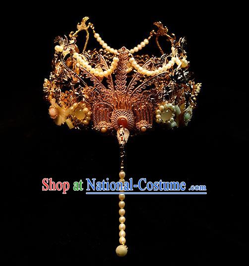 Chinese Ancient Empress Tassel Phoenix Coronet Traditional Ming Dynasty Queen Golden Phoenix Hair Crown