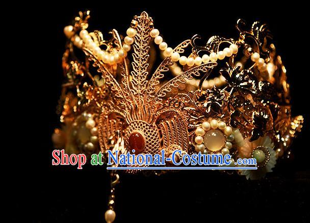 Chinese Ancient Empress Tassel Phoenix Coronet Traditional Ming Dynasty Queen Golden Phoenix Hair Crown