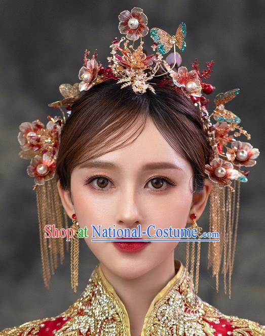 Chinese Classical Bride Flowers Hairpins Traditional Wedding Headwear Xiuhe Suit Blue Butterfly Hair Crown