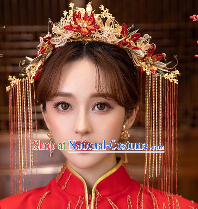 Chinese Classical Bride Beads Phoenix Coronet Traditional Wedding Headwear Xiuhe Suit Red Flowers Hair Crown