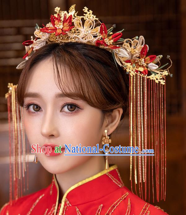 Chinese Classical Bride Beads Phoenix Coronet Traditional Wedding Headwear Xiuhe Suit Red Flowers Hair Crown