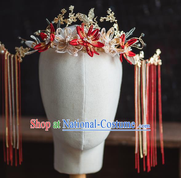 Chinese Classical Bride Beads Phoenix Coronet Traditional Wedding Headwear Xiuhe Suit Red Flowers Hair Crown