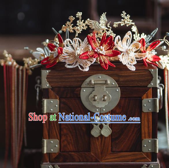 Chinese Classical Bride Beads Phoenix Coronet Traditional Wedding Headwear Xiuhe Suit Red Flowers Hair Crown