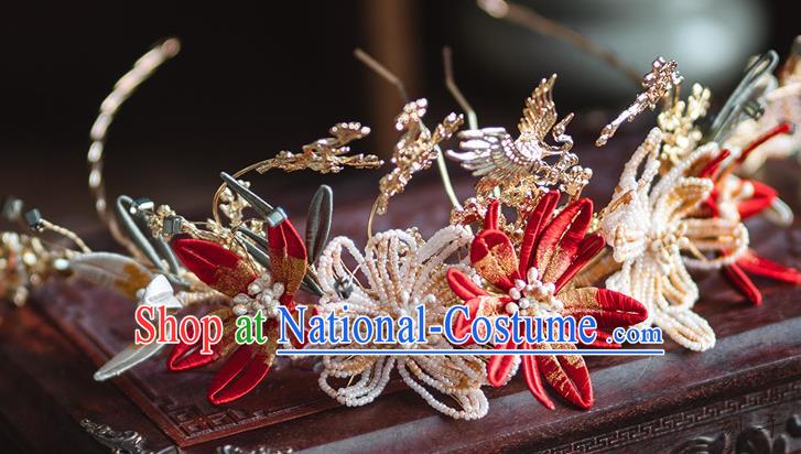 Chinese Classical Bride Beads Phoenix Coronet Traditional Wedding Headwear Xiuhe Suit Red Flowers Hair Crown