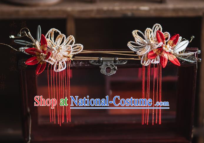 Chinese Classical Bride Beads Phoenix Coronet Traditional Wedding Headwear Xiuhe Suit Red Flowers Hair Crown