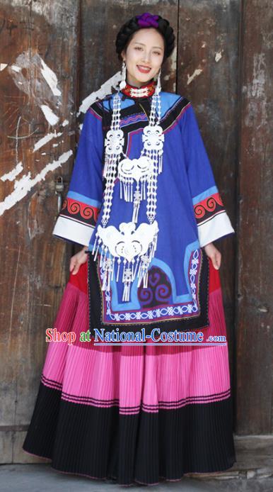 China Yi Nationality Folk Dance Outfits Clothing Traditional Liangshan Ethnic Wedding Bride Costumes and Headpiece