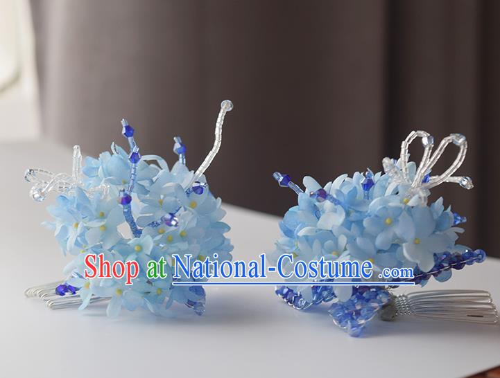 Chinese Handmade Cheongsam Hair Accessories Traditional Hanfu Blue Flowers Hair Comb