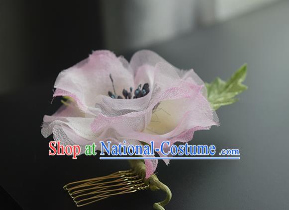 Chinese Handmade Pink Silk Camellia Hairpin Cheongsam Hair Accessories Traditional Hanfu Hair Comb