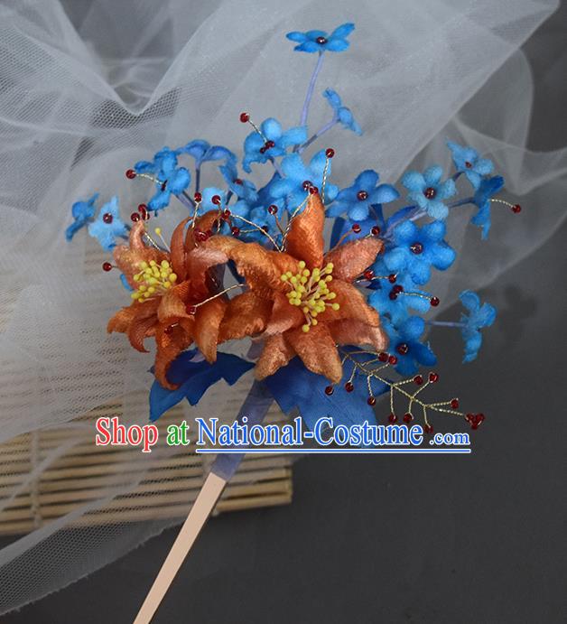 Chinese Handmade Ancient Princess Blue Silk Flowers Hairpin Traditional Ming Dynasty Hair Stick