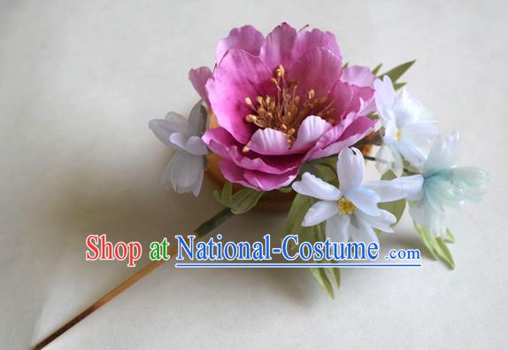 Chinese Classical Cheongsam Pink Silk Peony Hairpin Traditional Hanfu Ancient Imperial Concubine Hair Stick