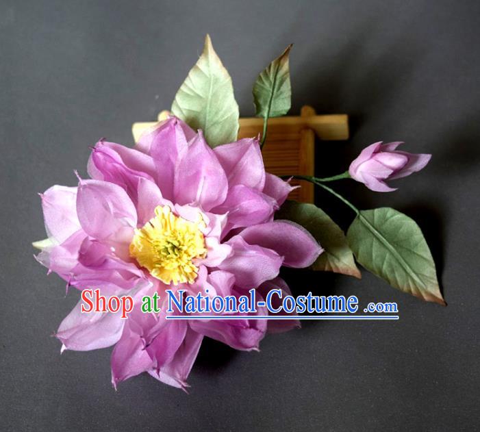 Chinese Ancient Young Beauty Hairpin Traditional Tang Dynasty Purple Silk Lotus Hair Stick