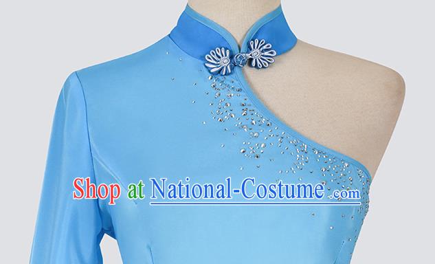 Chinese Folk Dance Blue Outfits Woman Fan Dance Yangko Dance Clothing