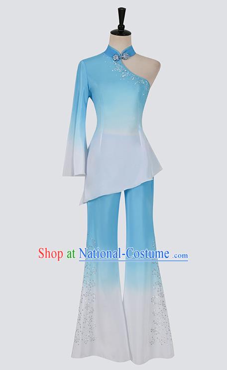 Chinese Folk Dance Blue Outfits Woman Fan Dance Yangko Dance Clothing