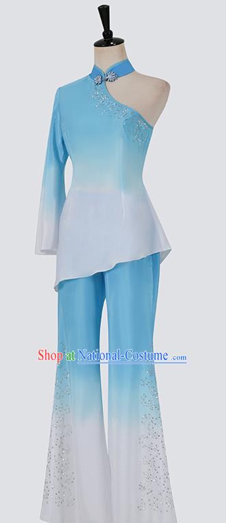 Chinese Folk Dance Blue Outfits Woman Fan Dance Yangko Dance Clothing