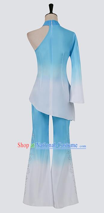 Chinese Folk Dance Blue Outfits Woman Fan Dance Yangko Dance Clothing