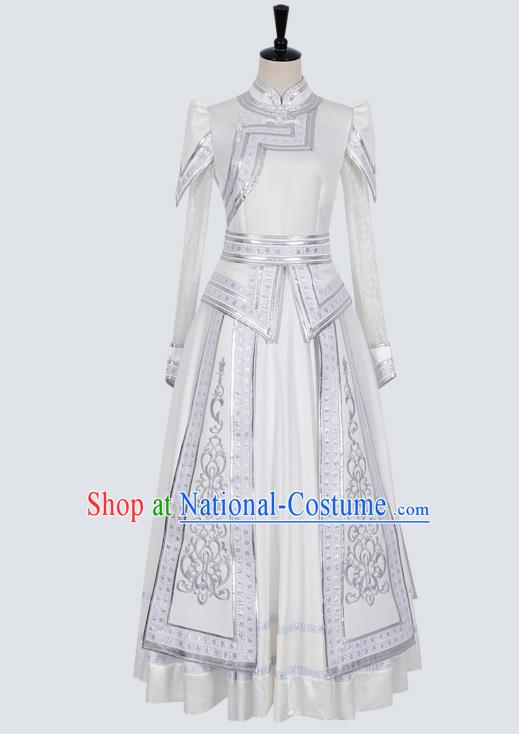 China Traditional Mongolian Ethnic Stage Performance Clothing Mongol Nationality Wedding White Dress Costume