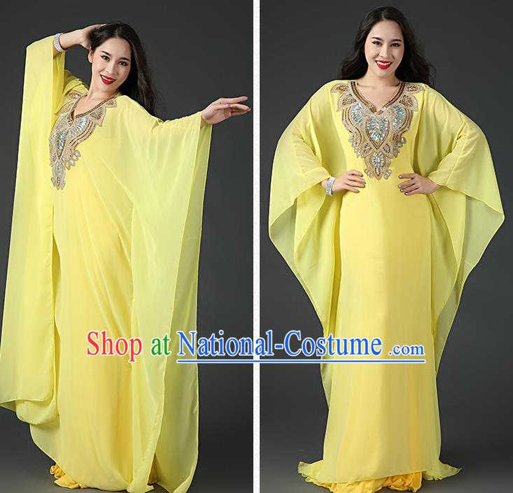 India Traditional Belly Dance Stage Performance Clothing Asian Oriental Dance Sequins Yellow Chiffon Robe and Slip Dress