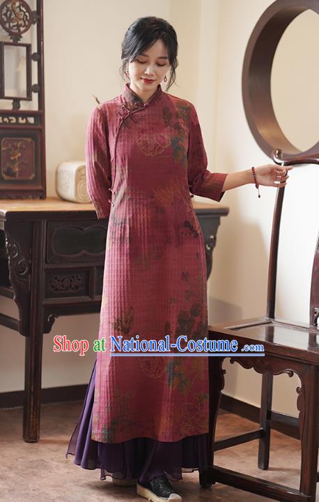 China Classical Printing Qipao Dress National Wine Red Silk Cheongsam