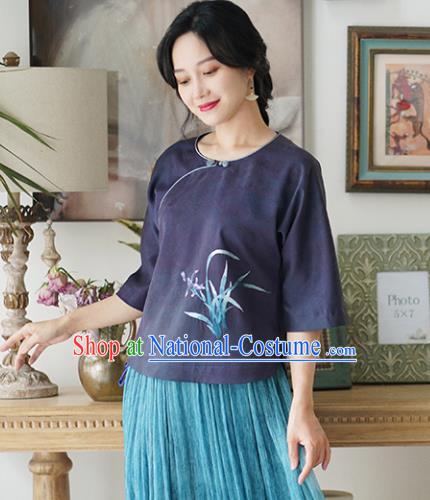 China Tang Suit Blouse National Women Clothing Classical Embroidered Orchids Purple Silk Shirt