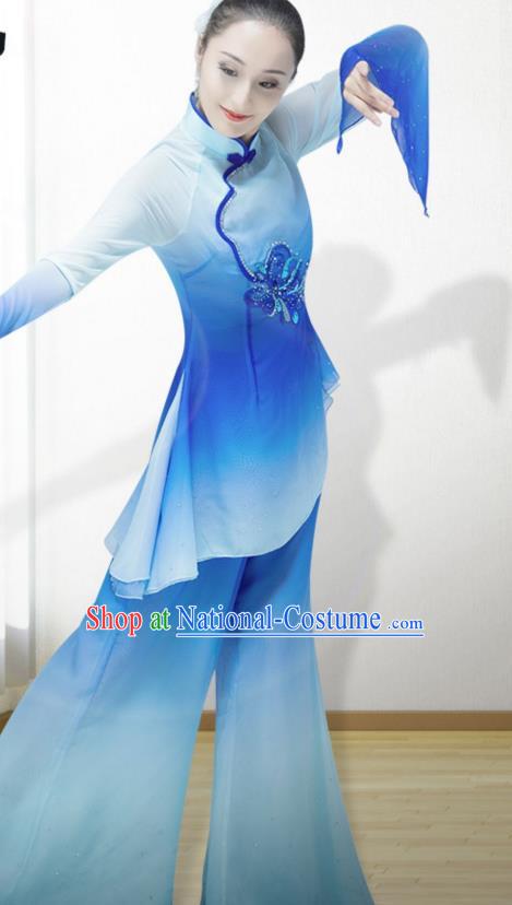 Chinese Folk Dance Blue Outfits Jiaozhou Yangko Dance Fan Dance Clothing