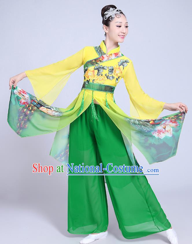 China Folk Dance Clothing Fan Dance Costume Spring Festival Gala Yangko Dance Printing Green Outfits