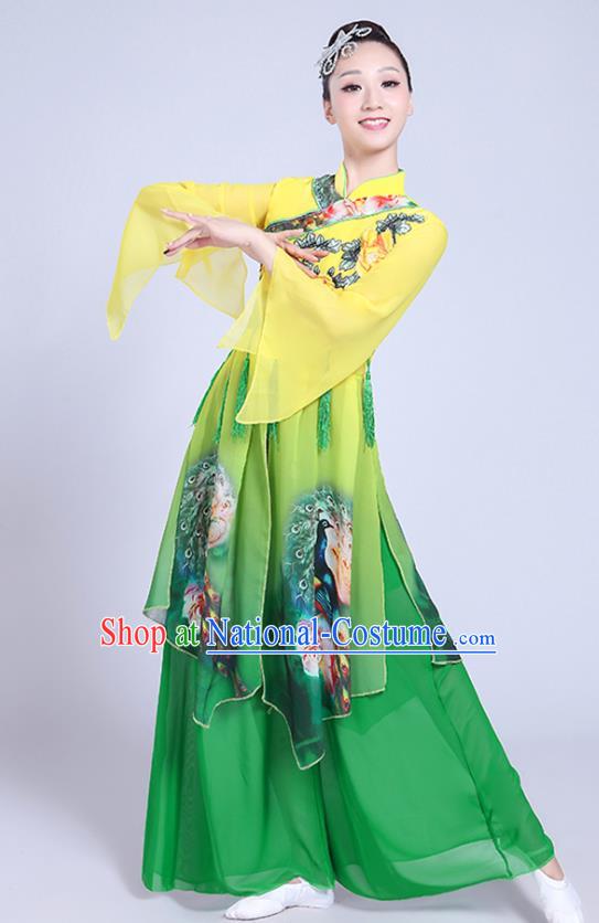 China Folk Dance Clothing Fan Dance Costume Spring Festival Gala Yangko Dance Printing Green Outfits