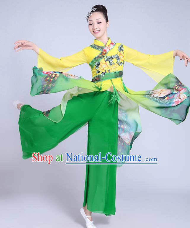 China Folk Dance Clothing Fan Dance Costume Spring Festival Gala Yangko Dance Printing Green Outfits