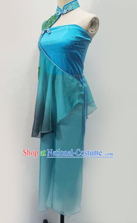 China Folk Dance Clothing Fan Dance Costume Yangko Dance Blue Outfits