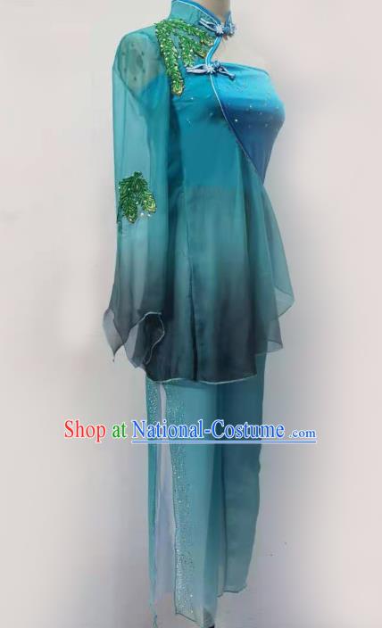 China Folk Dance Clothing Fan Dance Costume Yangko Dance Blue Outfits