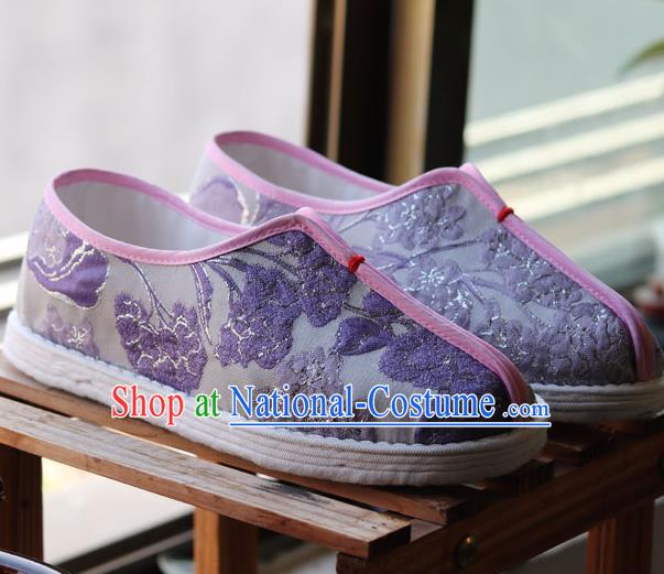 China National Folk Dance Shoes Handmade Multi Layered Lilac Cloth Shoes