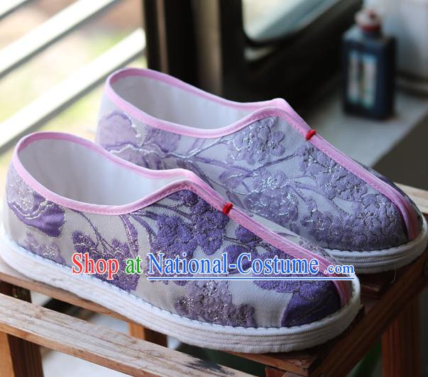 China National Folk Dance Shoes Handmade Multi Layered Lilac Cloth Shoes