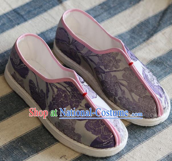 China National Folk Dance Shoes Handmade Multi Layered Lilac Cloth Shoes