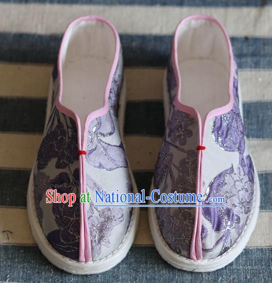 China National Folk Dance Shoes Handmade Multi Layered Lilac Cloth Shoes