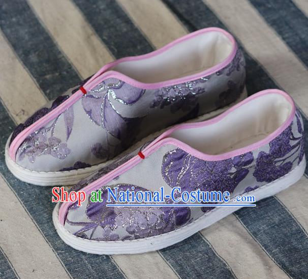 China National Folk Dance Shoes Handmade Multi Layered Lilac Cloth Shoes