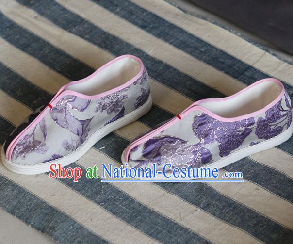 China National Folk Dance Shoes Handmade Multi Layered Lilac Cloth Shoes