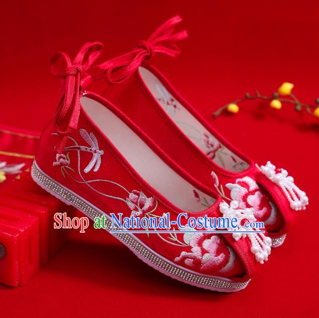 China Handmade Wedding Red Cloth Shoes National Embroidered Shoes Pearls Tassel Hanfu Shoes