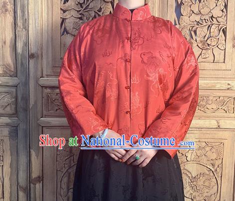 China Classical Lion Pattern Red Silk Blouse National Cheongsam Shirt Upper Outer Garment