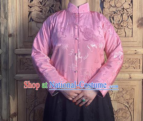 China Tang Suit Upper Outer Garment Classical Lion Pattern Pink Silk Blouse National Cheongsam Shirt