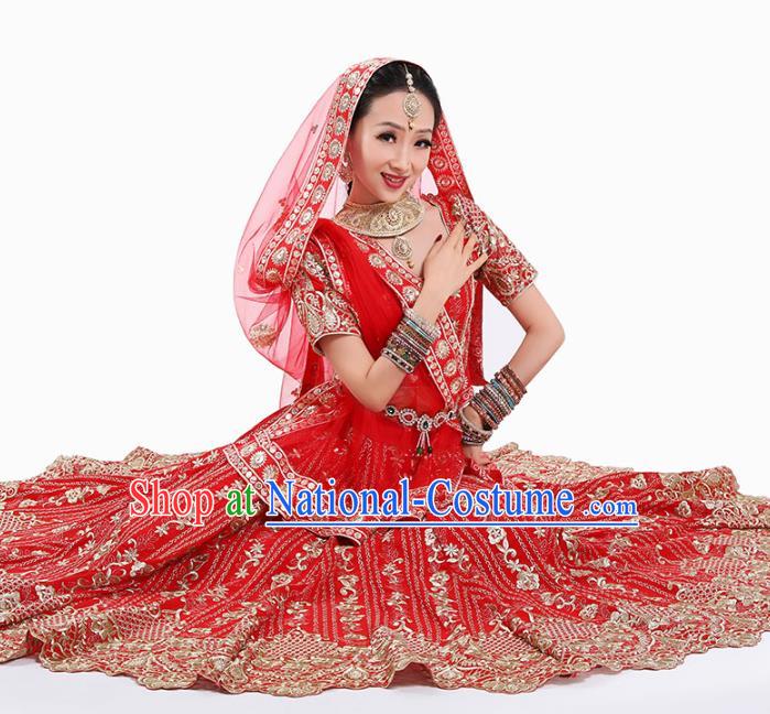 Indian Wedding Red Lehenga Dress Asian Traditional Court Bride Stage Performance Costumes and Hair Jewelry