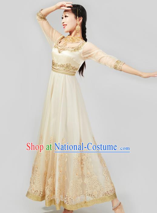 Asian India Traditional Embroidered Champagne Anarkali Dress Clothing Indian Court Beauty Costumes