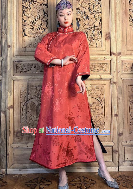 China Traditional Women Clothing Classical Kylin Pattern Cheongsam Red Silk Qipao Dress