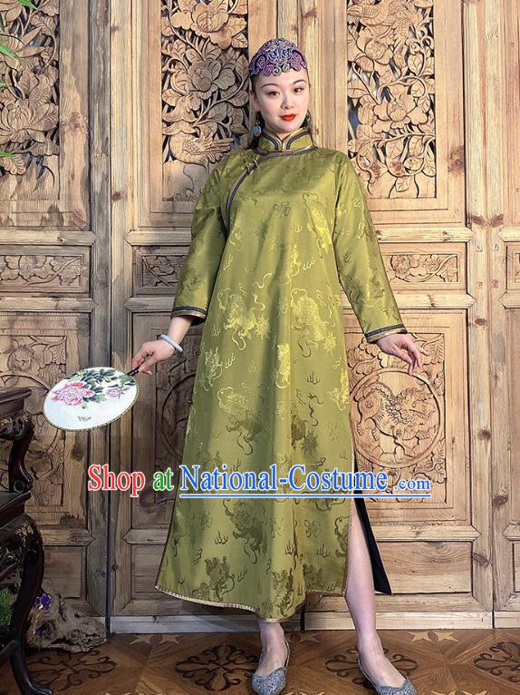 China Classical Kylin Pattern Cheongsam Light Green Silk Qipao Dress Traditional Women Clothing