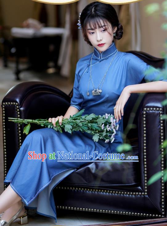 China Traditional Stand Collar Cheongsam Classical Dance Blue Qipao Dress